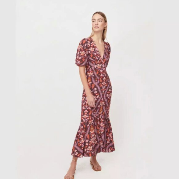 RHODE V-Neck Puff Sleeve Ester Midi Dress in Plumeria Chocolate NWT 2 - Picture 1 of 12